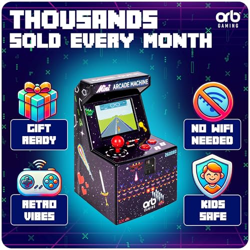 Mini Arcade Machine, 240 Built-In 8-Bit Games, 2.5” Full Colour Screen, 8-Way Joystick, Handheld Retro Games Console – Orb Gaming by ThumbsUp!