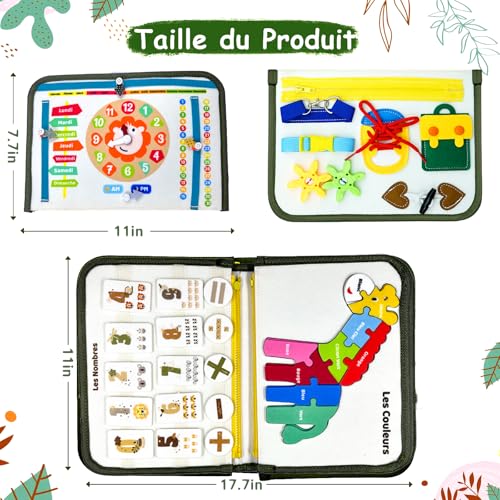 Almaxi French Busy Board Montessori Toy 3 Years, 8 in 1 Games Montessori Educational Activity and Development Toys, Games Plane Car Child Travel, Gift for Children Boy Girl 3 4 5 Years Old