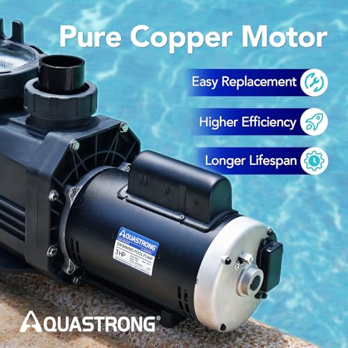 AQUASTRONG In/Above Ground Pool Pump Pure Copper Motor Energy Efficient High Flow Powerful Self Primming Swimming Pool Pumps with Filter Basket, Light Black
