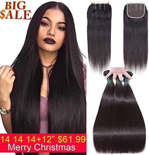 Indian Virgin hair Straight Bundles with Closure 10A Unprocessed Human Hair Closure with 3Bundles Straight Hair Extensions 3Bundles and 4X4Lace Closure Three Part (14 14 14 +12 Closure, Natural Color)