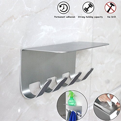 Goodia Adhesive Wall Mounted Waterproof Bathroom Kitchen Toilet Shelf Furniture Sets with 4 Hooks,Aluminum Shower Caddy Shampoo Shower Gel Holder