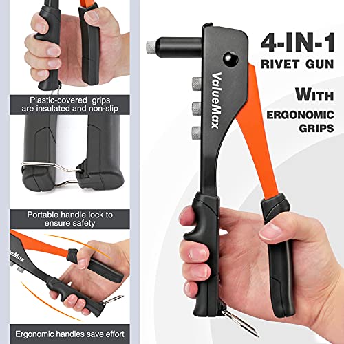 ValueMax 4-in-1 Hand Riveter/Rivet Gun, Pop Rivet Tool Kit with 200 Rivets - 3/32-inch, 1/8-inch, 5/32-inch, 3/16-inch, 4 Interchangeable Nosepieces, Suitable for Metal