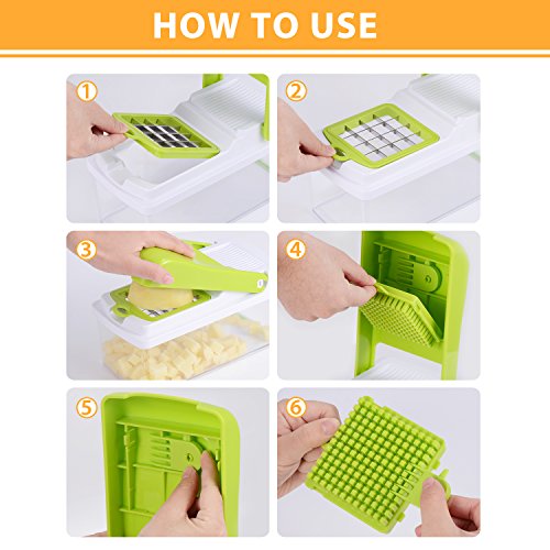 Benewell Vegetable Chopper, Kitchen Veggie Fruit Dicer Slicer, Food Cutter with 3 Interchangeable Blades Set, Food Container and Cleaning Brush for Onion, Potato and More - No-Mess Kitchen Gadgets