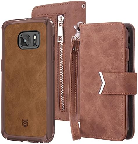 Majesticase Samsung Galaxy S7 Edge Wallet Case Premium Suede Leather Wristlet & Detachable Removable Magnetic Hybrid Protective Shell Cover & Back Zipper + Removable Strap - Vintage Brown