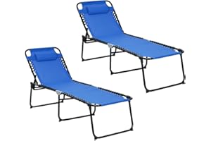GYMAX Lounge Chairs for Outside, Extra High Folding Beach Tanning Lounger with 4-Level Adjustable Backrest, 2-Level Footrest & Removable Pillow, Sunbathing Lounge for Patio, Lawn, Poolside (2, Navy)