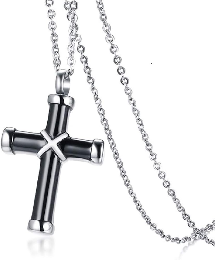 Rockyu Cross Ashes Necklace for Men Silver Stainless Steel Hawser Cross