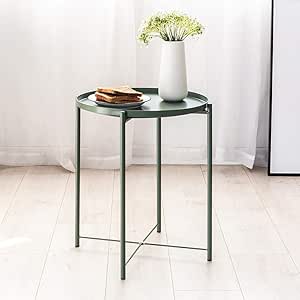 Huiiv Mesa auxiliar de metal, pequeña mesa redonda con bandeja