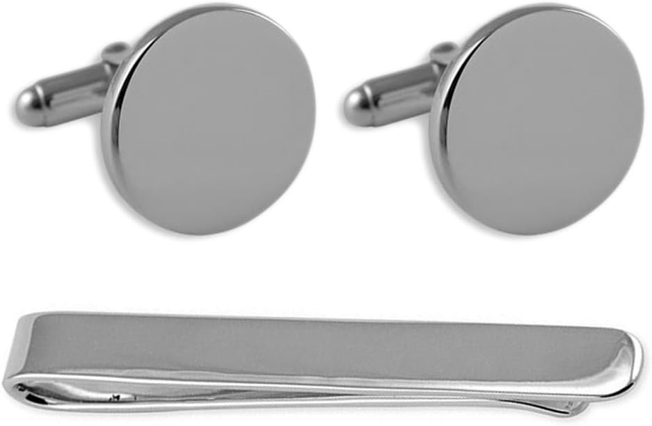 Sterling silver plain round cufflinks Tie Clip Box Set