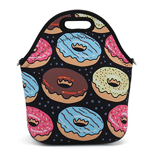 Insulated Neoprene Lunch Bag - Removable Shoulder Strap - X-Large Size Reusable Thermal Thick Lunch Tote/Lunch Box/Cooler Bag For Women,Teens,Girls,Kids,Baby,Adults (Nice Bread Donuts)
