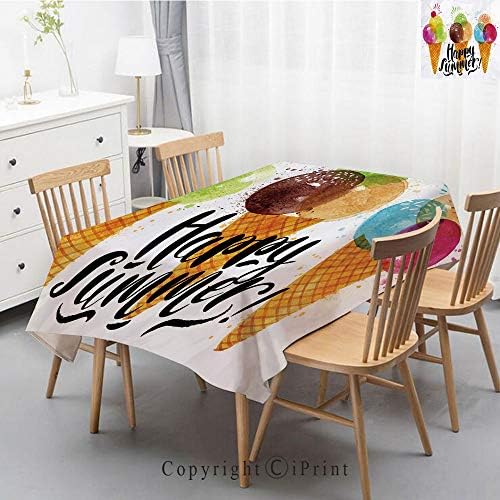 Pure Linen Plain Tablecloth Athena,Natural Rectangular Table Cloth for Indoor and Outdoor Use,Natural Tablecloth,55x102 Inch,Food Decor,Cute Print of Ice Cream Cones and Fruit Milk Dessert for Kids Se
