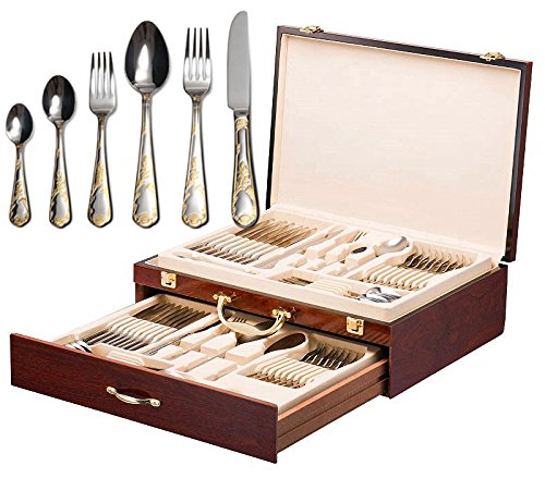 Italian Collection 'Florence' 75-Pс Premium Flatware Set w/Wooden Storage Case, Dining Cutlery Service for 12, 24K Gold plated 18/10 Stainless Steel Hostess Serving Set in a Chest