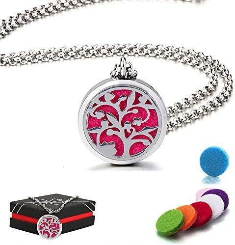 Aromatherapy Essential Oil Diffuser Necklace, Perfume Hypo-Allergenic Stainless Steel Locket Pendant with 24" Chain and 8 Color Pads ,Charms Jewelry Gift Set for Girls Women Boys Men (Life Tree)