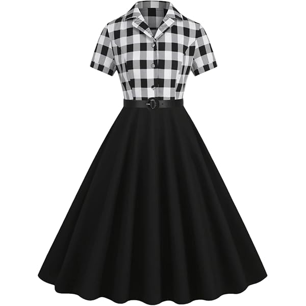 WSLCN Women's 1950s Vintage Swing Dress - A-Line Cotton Cocktail Dress With Belt