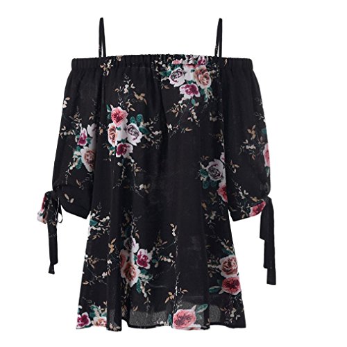 Howley Fashion Womens Plus Size Floral Print Cold Shoulder Blouse Casual Tops Camis (Black, XL)