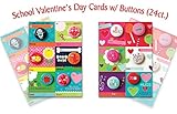 B-THERE School Valentine Day Cards with Buttons Fun & Cute Illustrated Cards with Matching Buttons for Kids Valentines Day, 24 Count