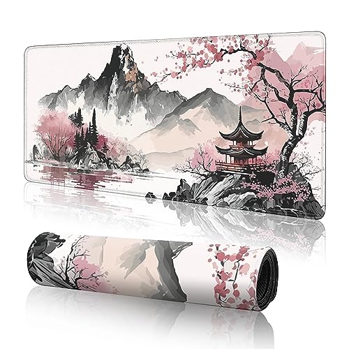 Watercolor Cherry Blossom Large Gaming Mouse Pad,Mouse Pad Gaming 31.5 x 11.8 in Mouse Mat Desk Pad,Large Desk Mat,Extended Keyboard Mousepad with Non-Slip Base and Stitched Edge for Desk Home Office