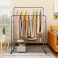 JURMERRY Clothes Garment Rack Heavy Duty Double Rail Organizer 2 Hanging Rods Installed Multi-Purpose Portable Entryway Shelving Shoes (Black Silver)