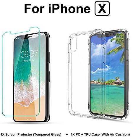 WWTL iPhone X Case And Screen Protector Bundle Kit, Air Cushion Technology PC + TPU Cover Hard Back Shockproof Bumper With Tempered Glass Screen Protector 5.8” for iPhone X 10 8 (Crystal Clear)