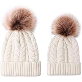JEHANOIRY 2PCS Parent-Child Hat, Mother & Baby Daughter/Son Winter Warm Knit Hat Family Crochet Beanie Cap with Pom Pom
