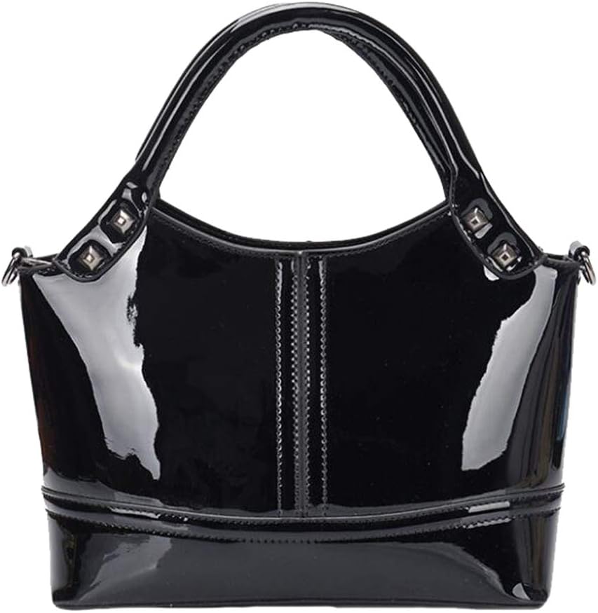 Women's Patent Leather Fashion Handbag Splice Shoulder Bag Simple Top Handle Bag Purse (Black)