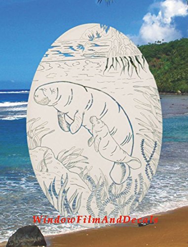 Oval Manatee Etched Window Decal Vinyl Glass Cling - 8" x 12" - White with Clear Design Elements