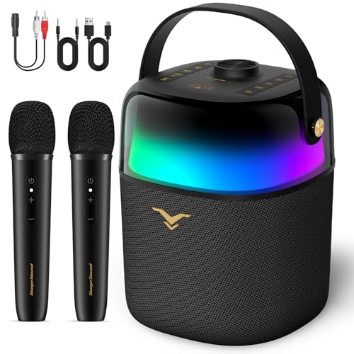 Karaoke Machine with 2 Wireless Microphones, 60W Portable Bluetooth Speaker with 360° Lights, Loud Bass, 12H Battery, Supports Bluetooth/USB/Aux/TV Connection, Ideal for Home Party&Outdoor Use