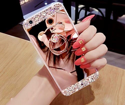 iPhone 7 Plus Case, Surpriseyou Luxury Crystal Rhinestone Soft Rubber Bumper Bling Diamond Glitter Mirror Makeup Case with Cute Bear Ring Stand Holder for iPhone 7 Plus (Rose Gold)