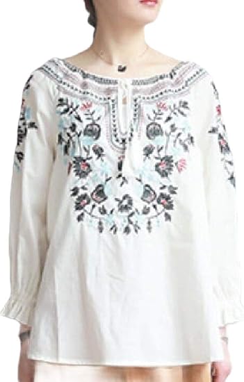 Amazon Keaac 女性エスニック刺繍ブラウスクルーネックタイロングスリーブtシャツ Blue Os Tシャツ カットソー 通販