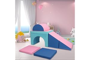 YUFU Foam Climbing Blocks for Toddlers 1-3, 5-Piece Toddler Indoor Climb and Crawl Playset with Arch Bridge Design and Dual-Purpose Slide, Soft Climbing Toys for Improving Motor Skills, Pink Blue