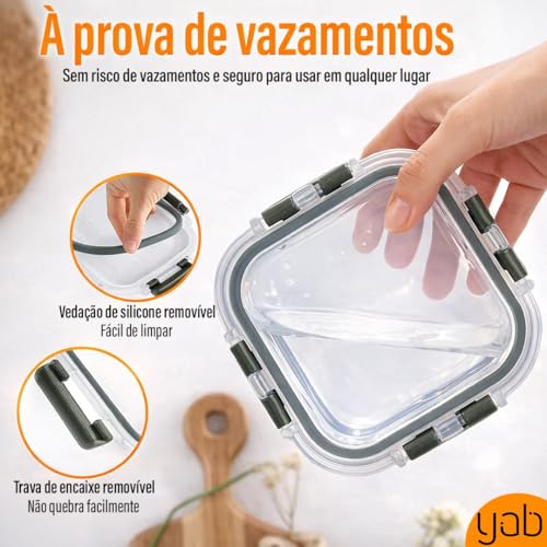 Kit 12 Potes Herméticos Yab Vidro Borossilicato com Tampa Hermética Quadrado Redondo e Retangular Tamanhos Pequeno Médio e Grande Alta Durabilidade e Resistência Térmica para Alimentos