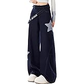 RILGOU Y2K Gothic Grunge Kawaii Clothes Vintage Casual Straight Wide Leg Plaid Stars Applique Decor Jeans for Women
