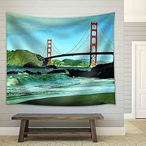 a View of Golden Gate Bridge from Baker Beach in San Francisco, United States, with a Retro Effect - Fabric Wall Tapestry Home Decor - 51x60 inches