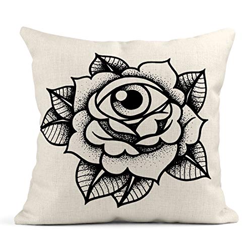 Emvency Decor Flax Throw Pillow Covers Case Old School Rose Tattoo with Eye Traditional Black Dot Ink Flowers Tattooing 18"x18" Square Linen Cases Cushion Cover One Side Print