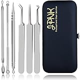 JPNK Blackhead Remover Comedones Extractor Acne Removal Kit for Blemish, Whitehead Popping, Zit Removing for Nose Face Tools with a Leather bag (6 Pcs, 3 Tweezers Pack)