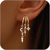 HLJEO Dangle Earrings For Women,Dainty 14K Gold Plated Hypoallergenic Small Triple Huggie Hoop Earring Gothic Cute Cross Moon Star Drop Earrings For Women Trendy Gold Statement Stud Earring Jewelry