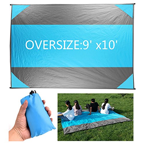 SWONUK Picnic/Beach Blankets Oversized 9'x10' Outdoor Pocket Blanket for Men and Women Durable Water-Resistant Sand Proof Beach Mat for Festivals, Camping, Picnics, Gathering Mat with 4 Anchors Blue