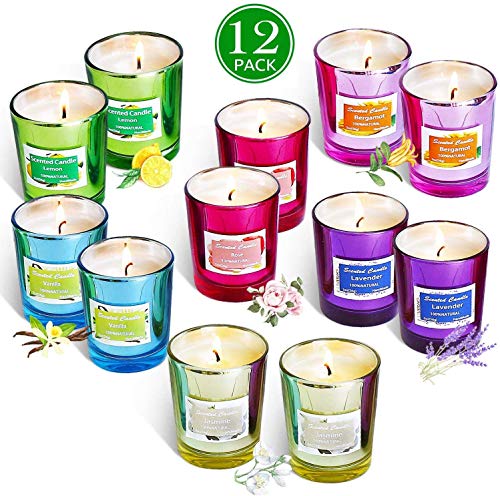 YIH Scented Candles Gifts Set for Women, Natural Soy Wax, 12 x 2.0 Oz Portable Glass Candles with Strongly Fragrance Essential Oils for Stress Relief and Aromatherapy – 12 Pack