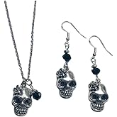 Sugar Skull Necklace & Earring Set, with jet black crystal faceted accent beads, on 20 inch chain and sterling silver earwires