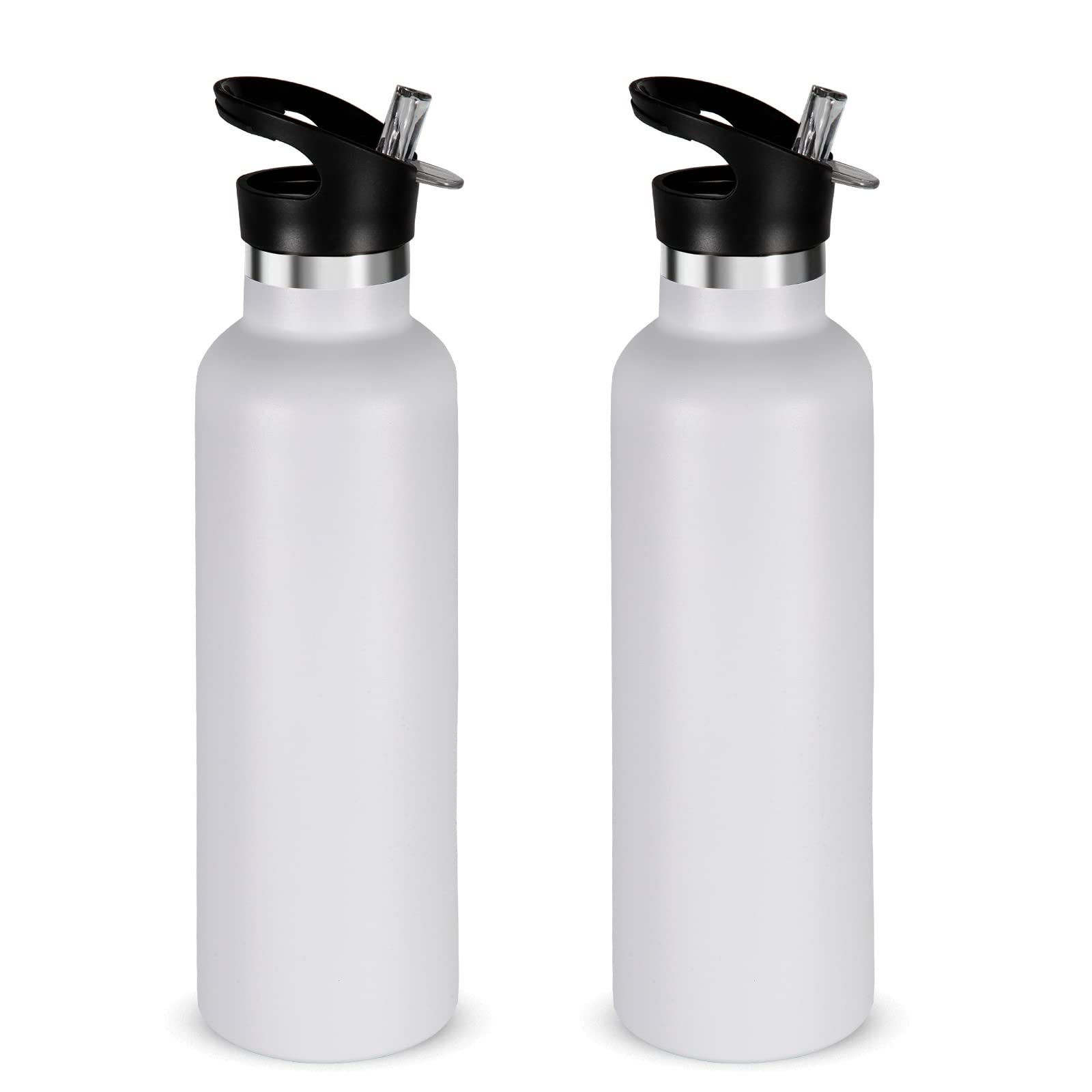 Volhoply 750ml Insulated Water Bottles Bulk 2 Pack,Stainless Steel Double Wall Sport Bottle with Straw Lid,Metal Reusable Cup with Hand Cap for School,Cyclists,Hikers,Gift (White, 2)