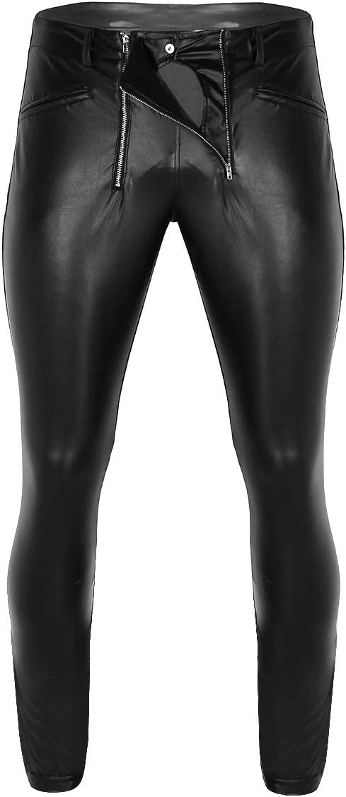 Men's Faux Leather Skinny Leggings Zipper Pouch Hollow Out Long Pants Trousers