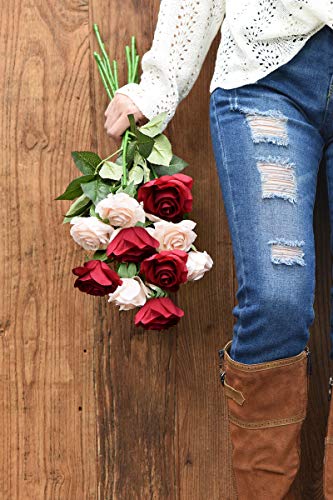 FiveSeasonStuff Fake Roses Wedding Flowers Real Touch Silk Enchanting Rose Mix Artificial Flowers (Dark Red, Champagne Pink) 12 Stems