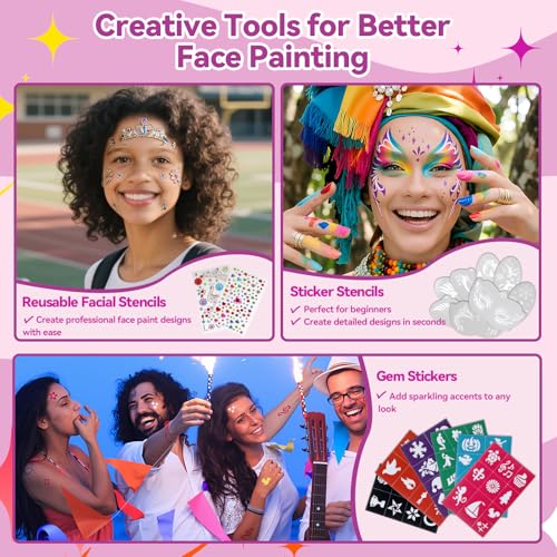 Face Painting Kit for Party, 42 Color Non-Toxic Water Activated Face Paint Palette for Artist Festival Stage Cosplay Birthday Parties Makeup Set with Stencils, Gems, Brushes TA641KIT