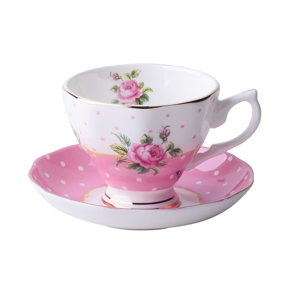 SudaTek Gift Set Vintage Fine Bone China Tea Cup Spoon and Saucer Set Gold Trim Fine Dining and Table Décor (Wave Rose Pink)