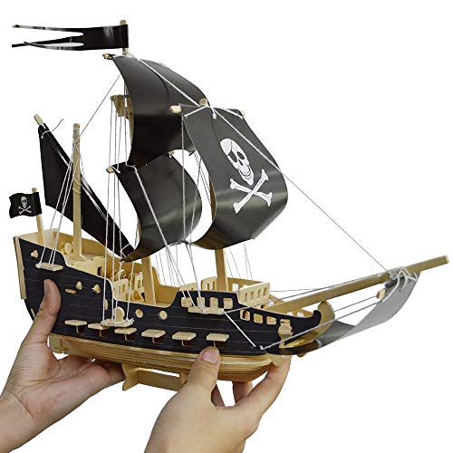 3D Wood DIY Building Block Wooden Models Puzzles Kids Educational Puzzle Toy Brain Teasers Hand Craft Stacking Toys Kits 2 Pack- Pirate Ship and Motorcycle