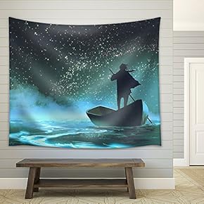 Illustration - Man Rowing a Boat in The Sea Under Beautiful Sky with Stars,Illustration Painting - Fabric Wall Tapestry Home Decor - 51x60 inches