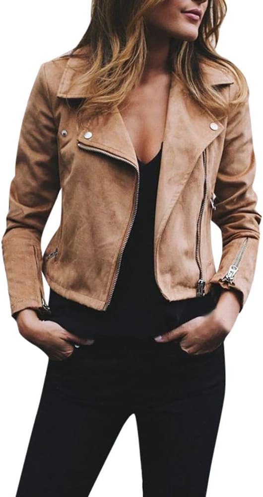 Womens Retro Rivet Zipper Up Bomber Jacket Casual Coat Faux Leather Outwear