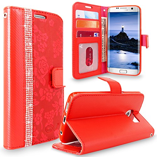 S7 Edge Case, Galaxy S7 Edge Case, Cellularvilla [Diamond Jewel] Embossed Flower Design Premium PU Leather Wallet Case [Card Slots] Folio Flip Cover For Samsung Galaxy S7 Edge (Red Bling)