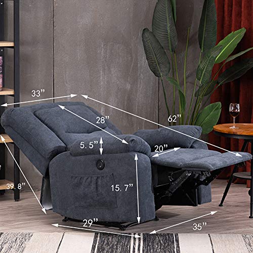 Electric Recliner Chairs Sofa with USB Charge Port for Adults, Power Recliner Chair with Heat and Massage, Fabric Recliner Chair for Bedroom, Living Room and Home Theater Seating (Blue)