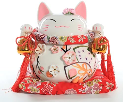 HanFengTang Big White Ceramic Maneki Neko Lucky Cat Coin Bank Decoration Deposit