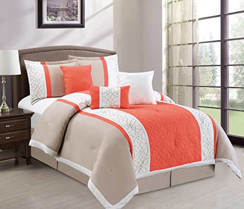 7 Piece Modern Oversize Coral Orange / White / Beige Leaf Embroidered Comforter set QUEEN Size Bedding
